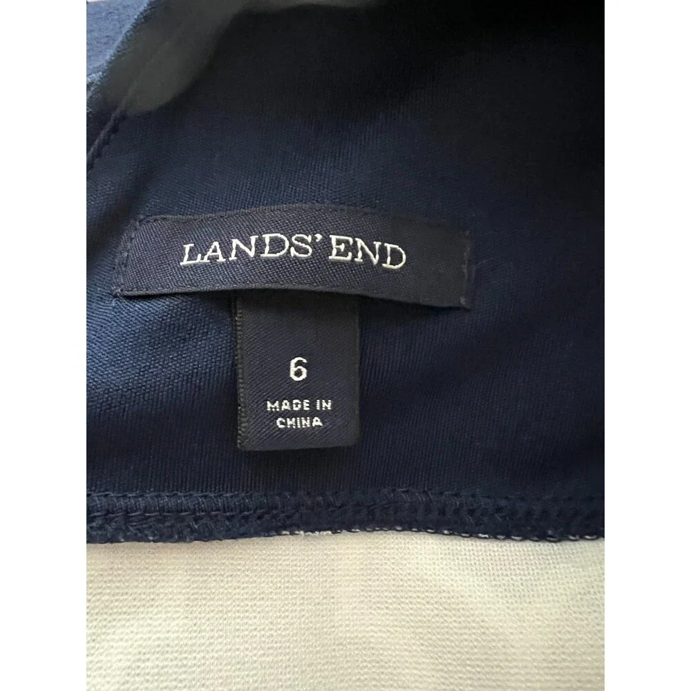 Women's Lands End Sleeveless Fit and Flare Blue White Geometric Knit Dress Sz 6